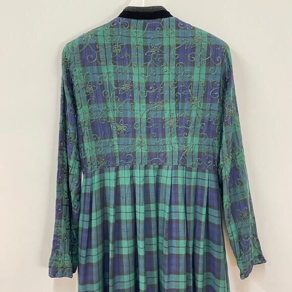 Vintage 90s Women's Sz 8 Green Blue Plaid Embroidered Beaded Winter Maxi Dress - Picture 7 of 8